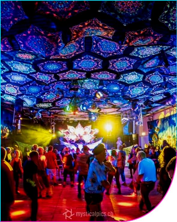Blacklight Illuminatis UV decoration above the crowd at Earthdance Switzerland